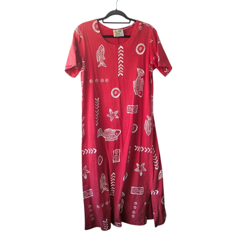 Vintage Copa Cabana Fish Starfish Print Nautical Red Maxi Dress Size Medium